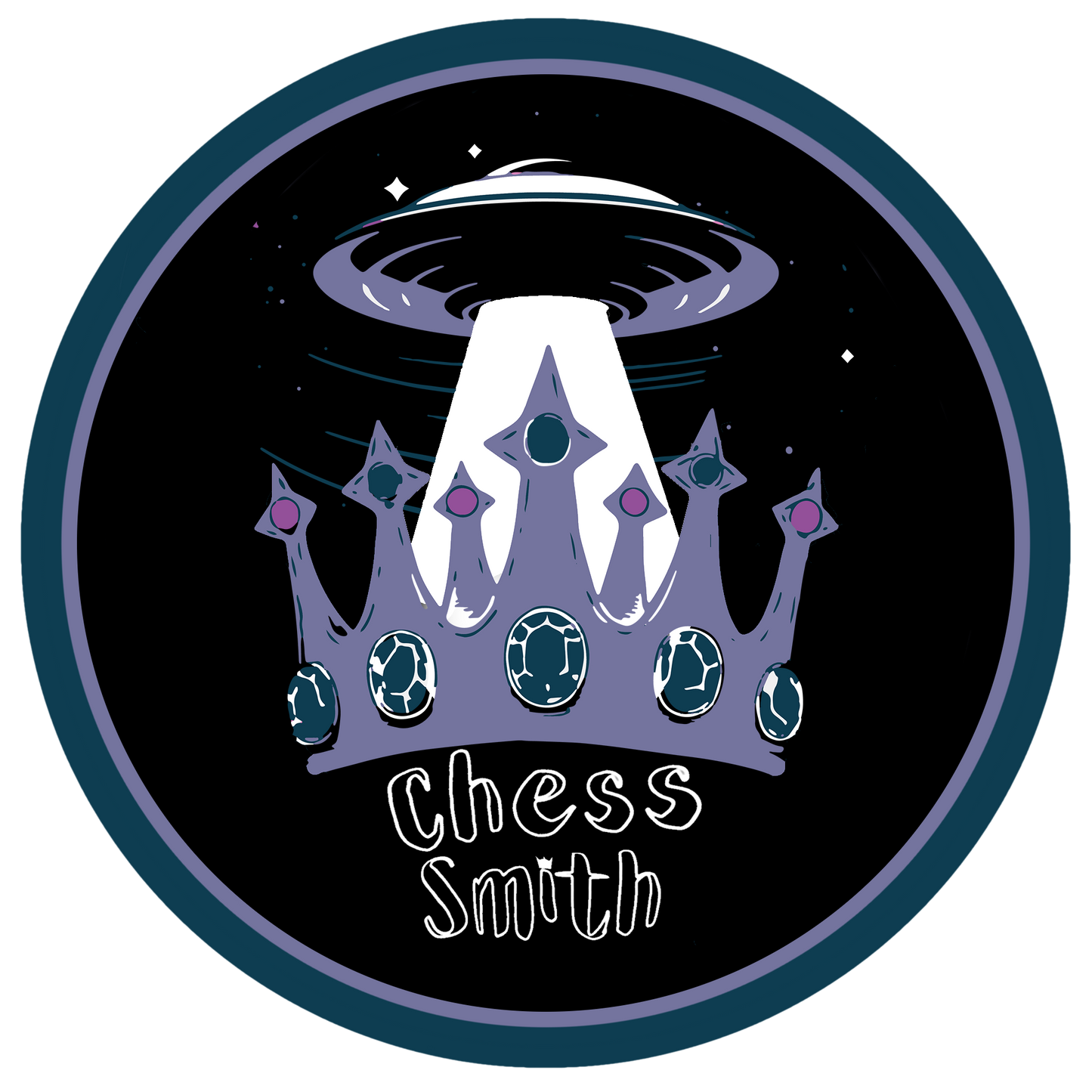 Vinyl Circle Sticker - Chess Smith Logo with Crown and UFO 7.5x7.5cm