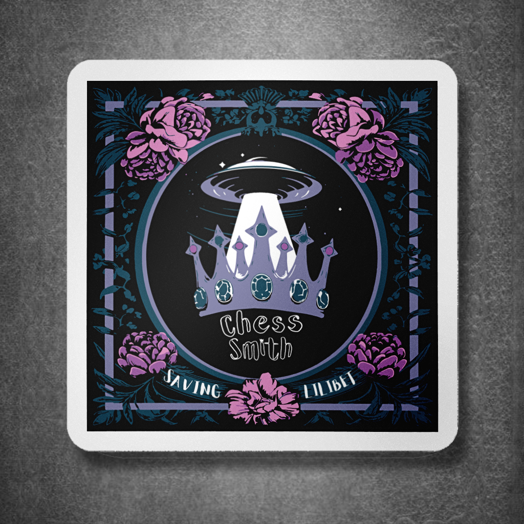 Sticker with a design of a crown, flowers, and text on a dark background