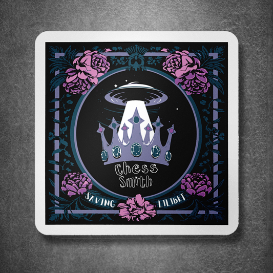 Sticker with a design of a crown, flowers, and text on a dark background
