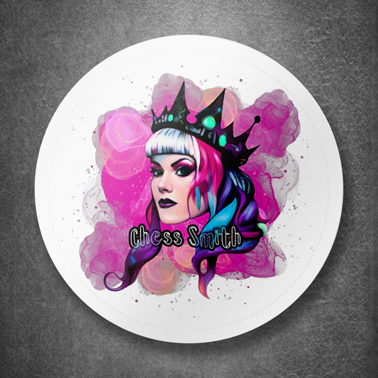 Circular sticker with a stylized portrait of a person with pink hair and a crown, set against a gray background.