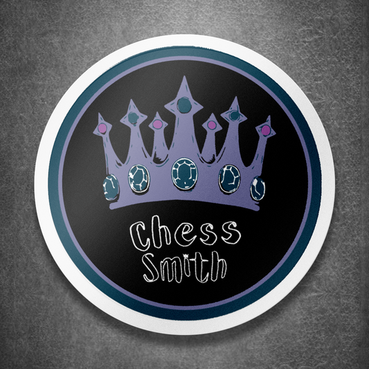 Sticker with a crown design and 'Chess Smith' text on a dark background