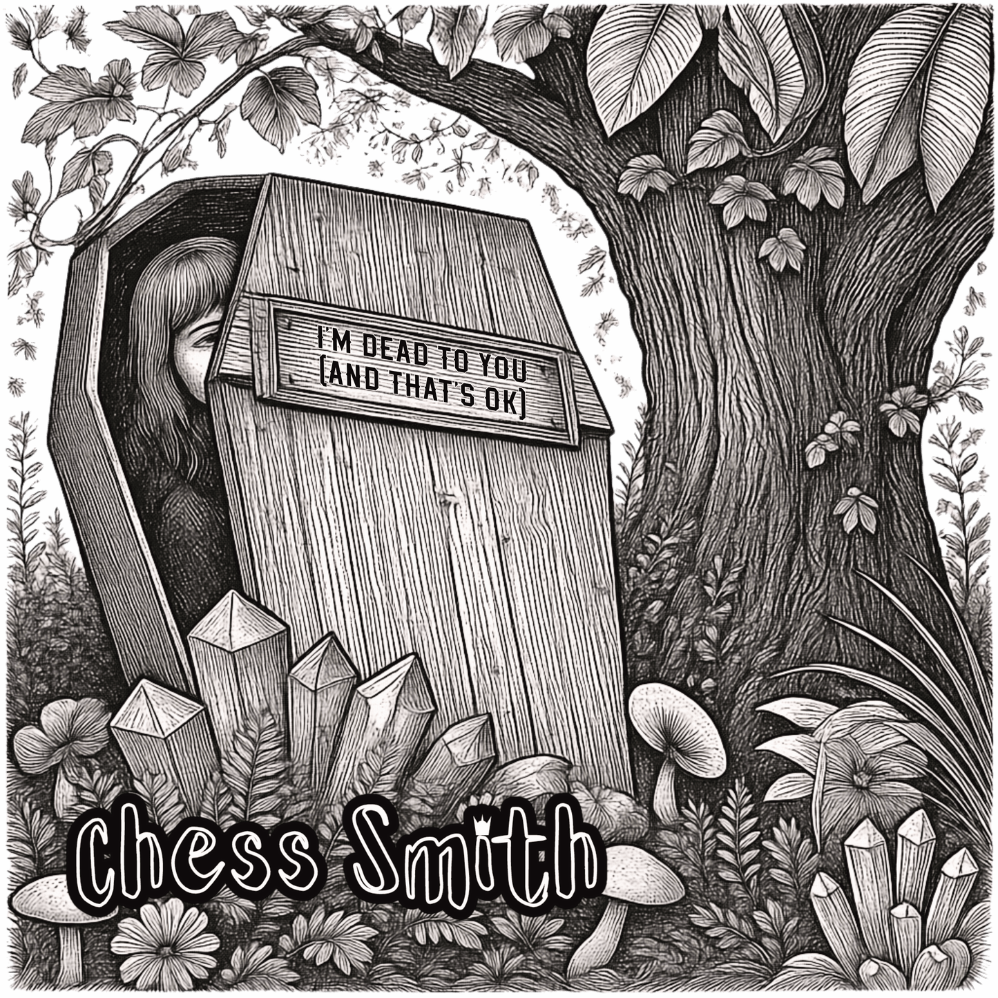 Chess Smith Illustration of a wooden coffin with text 'I'm dead to you (and that's ok)' surrounded by nature elements.