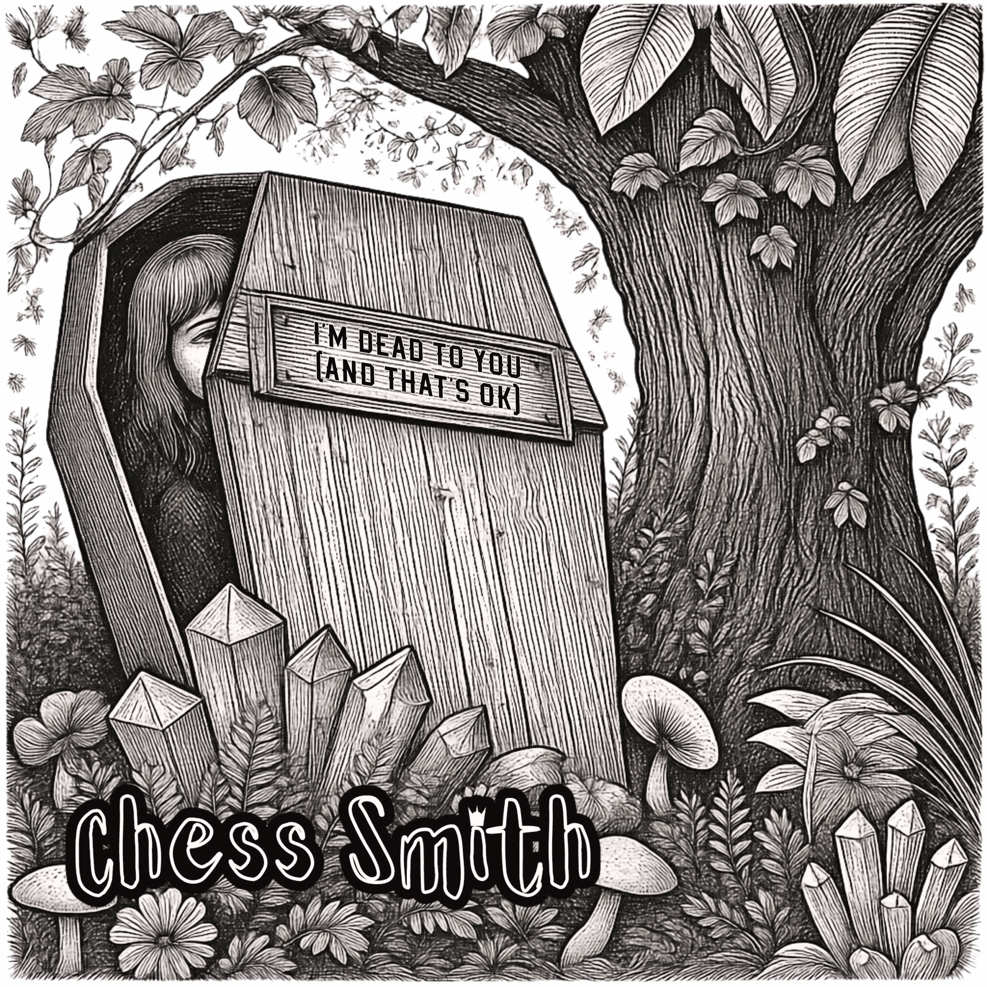 Chess Smith Illustration of a wooden coffin with text 'I'm dead to you (and that's ok)' surrounded by nature elements.