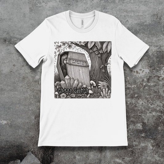 White Chess Smith t-shirt with a black and white graphic design on a textured gray background