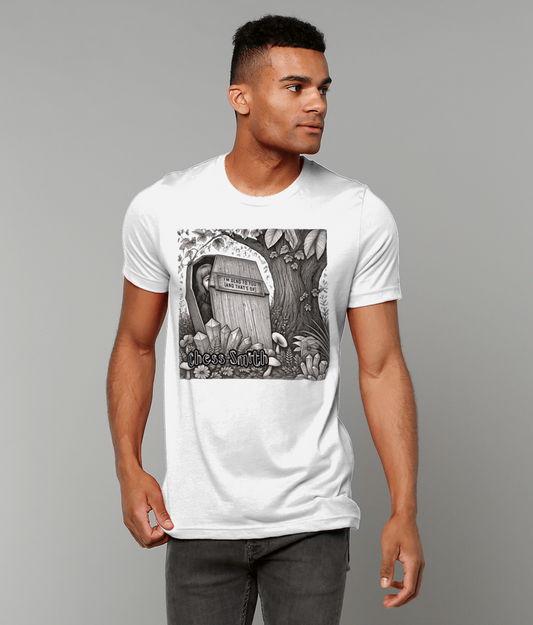 Man wearing a white Chess Smith t-shirt with a black and white graphic design on a gray background