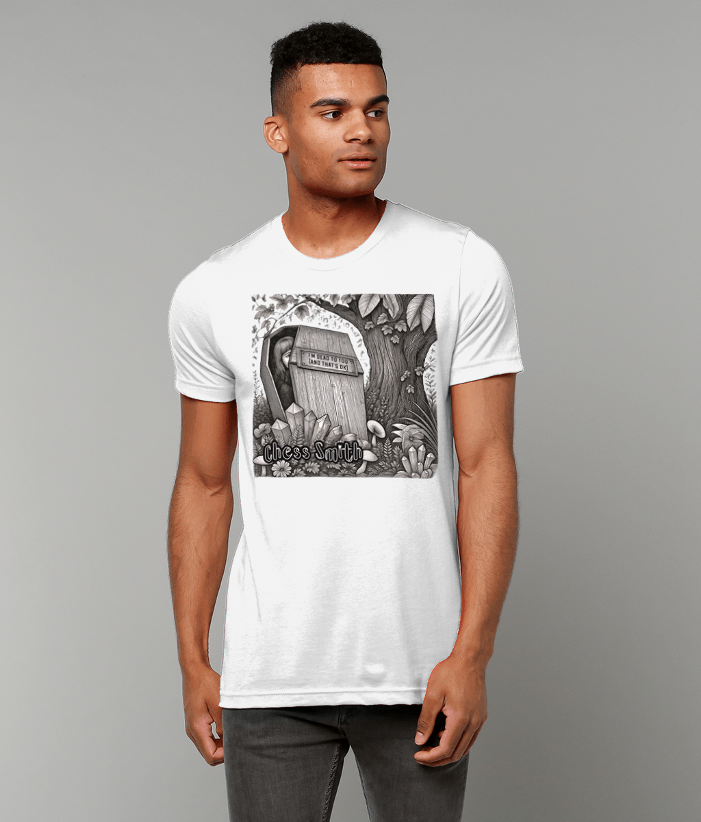 Man wearing a white Chess Smith t-shirt with a black and white graphic design on a gray background
