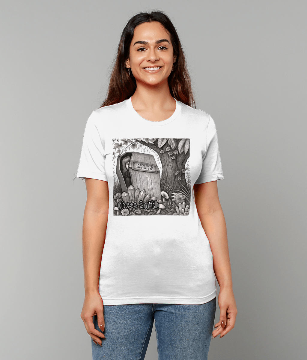 Woman wearing a white Chess Smith t-shirt with a black and white graphic design on a gray background