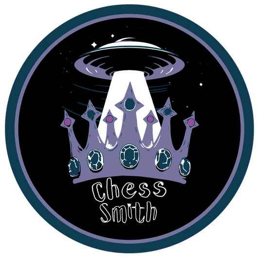 Vinyl Circle Sticker - Chess Smith Logo with Crown and UFO 7.5x7.5cm