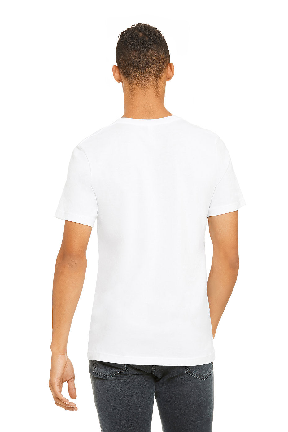 Person wearing a plain white t-shirt on a white background
