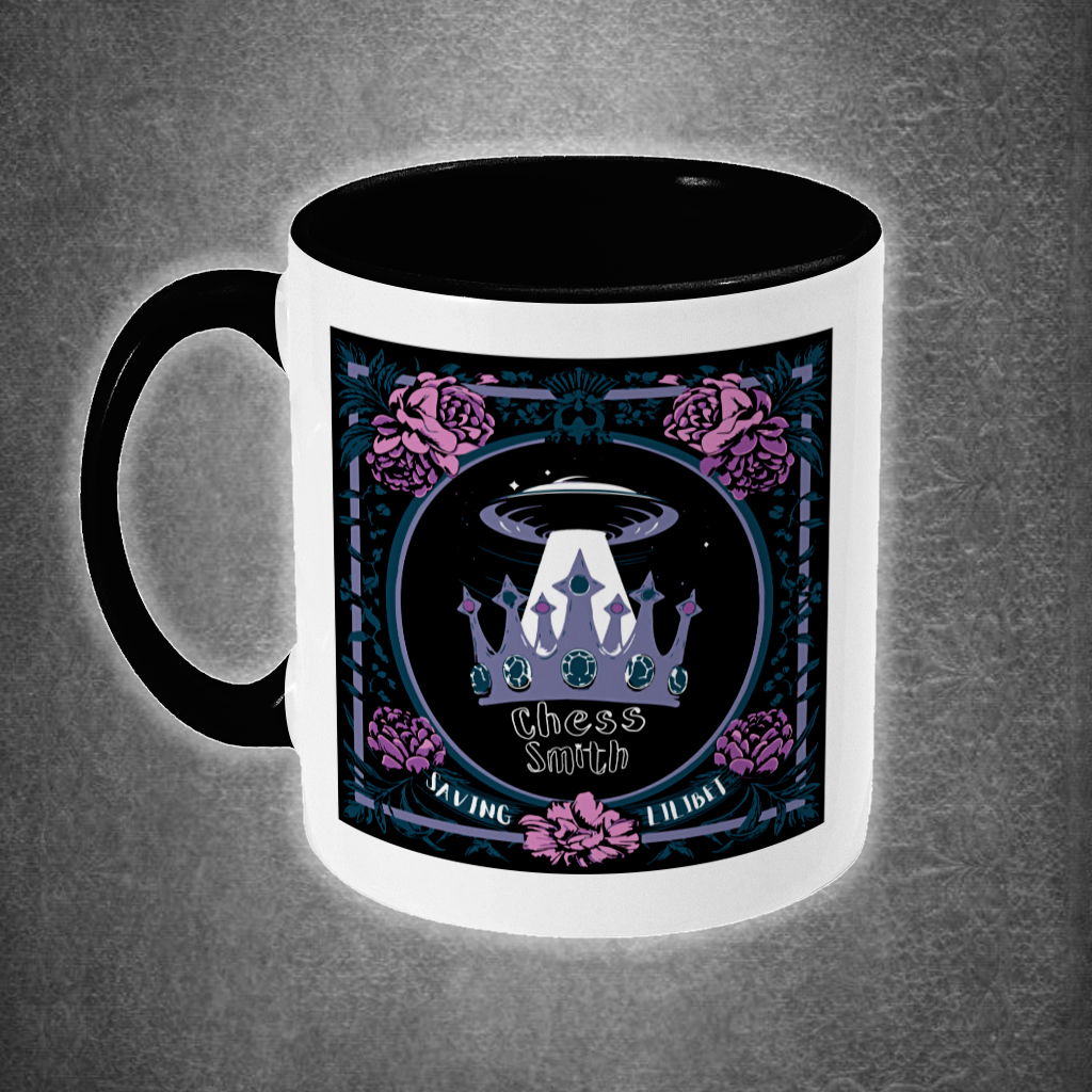 Mug with decorative design and text on a gray background