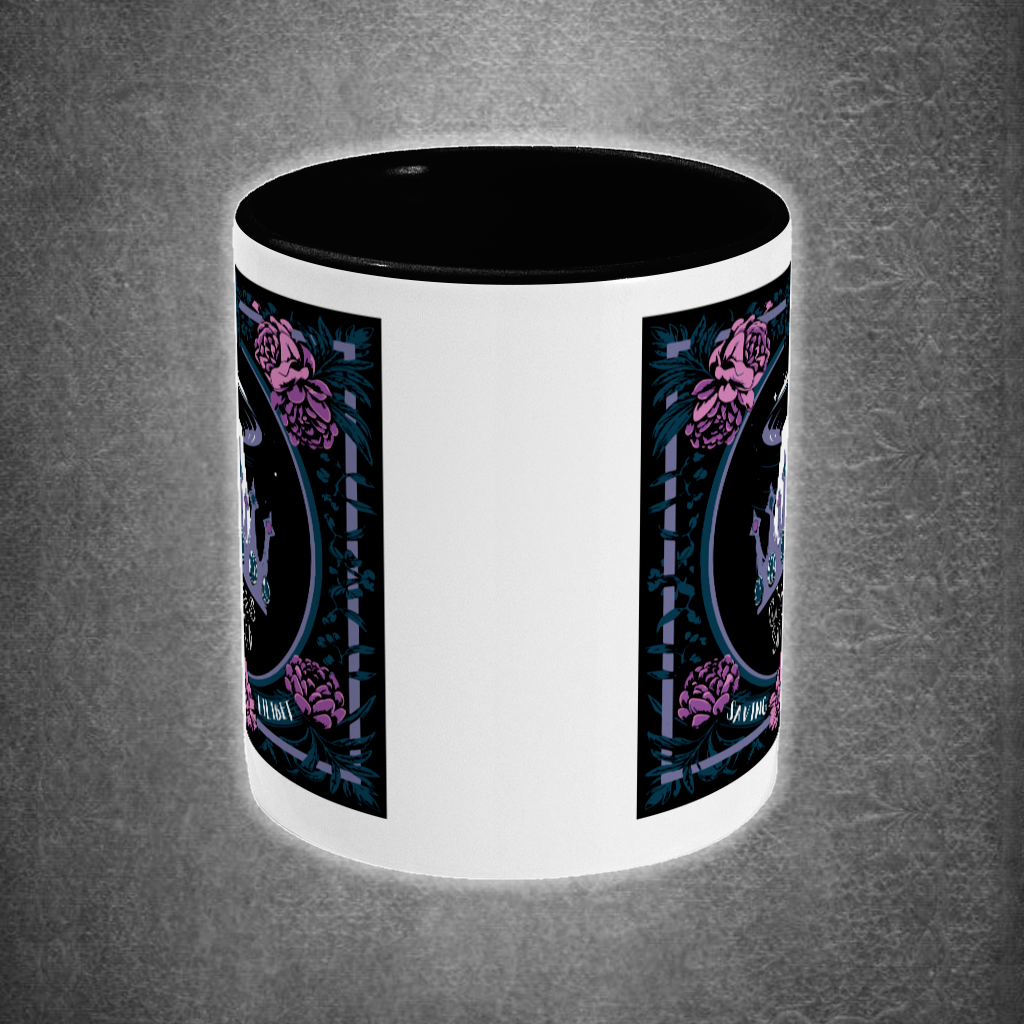 White mug with black interior and handle, featuring a graphic design on a gray background.