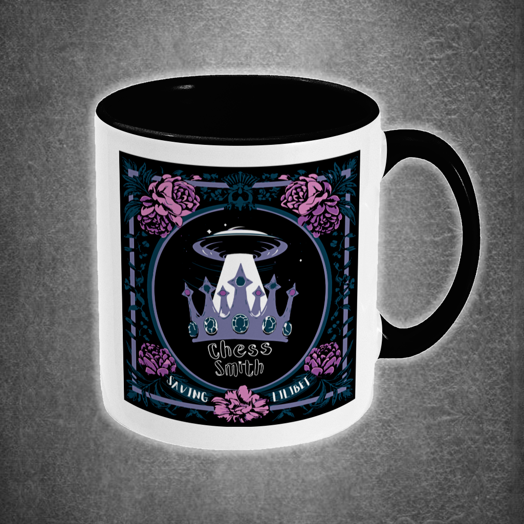 Mug with a design featuring a crown, UFO, and text on a dark background