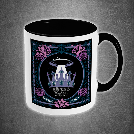 Mug with a design featuring a crown, UFO, and text on a dark background