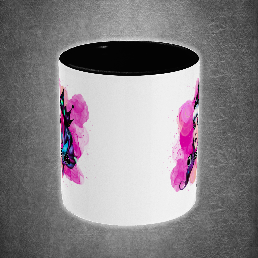 White mug with pink designs on a gray background